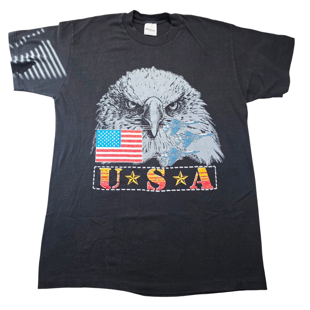 Vintage Stedman USA T Shirt Black Eagle American Flag Jets L Single Stitch